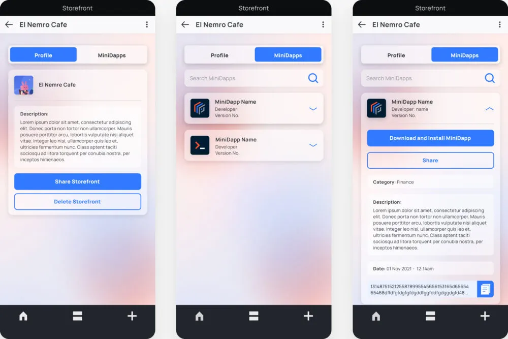 Mini-dapp detail, actions, and task flows