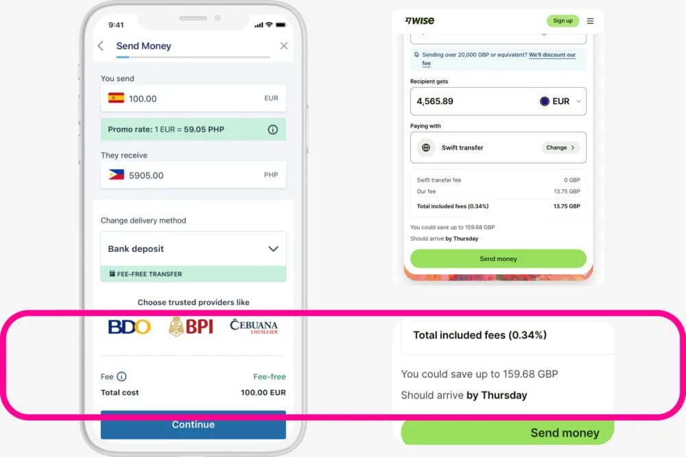Clarifying transfer speed and cost at the point of send